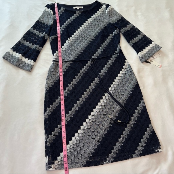 Navy Blue/Gray/White Striped Midi Dress with Unlined Bell Sleeves NWT Sz 10 - Picture 17 of 17